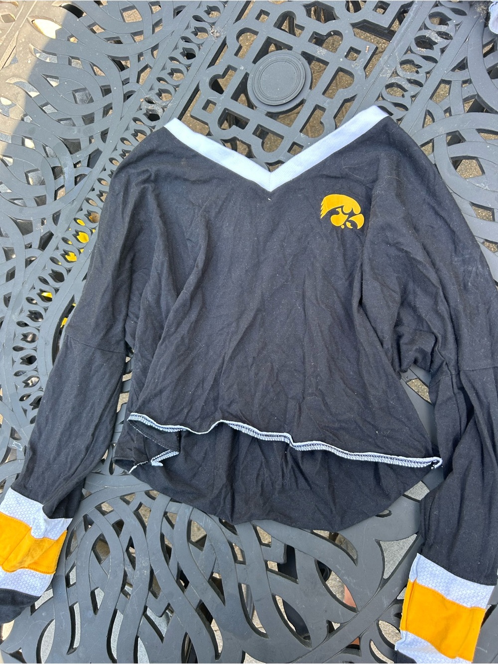 Iowa Colosseum Black and Gold V-Neck Long Sleeve Top with Ruffle Hem